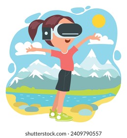 Kids virtual reality. Happy girl with VR glasses. Innovation augmented technology. Futuristic travel and study. Cyberspace simulation device. Child looking at landscape