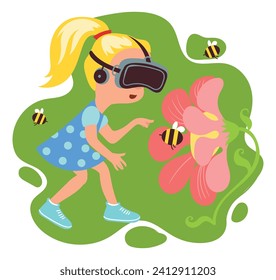 Kids virtual reality. Happy girl with VR glasses. Innovation augmented technology. Futuristic travel and study. Cyberspace simulation device. Bloom flower and honeybees