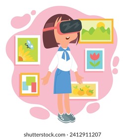 Kids virtual reality. Happy girl with VR glasses. Innovation augmented technology. Cyberspace simulation. Child looking at pictures. Masterpieces gallery exhibition