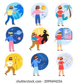 Kids virtual reality. Happy teenagers gamers in VR glasses play computer video games, full presence feeling, digital entertainment and education, vector cartoon flat style isolated set
