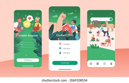 Kids Visit Contact Zoo Mobile App Page Onboard Screen Template. Children Characters Feeding and Petting Domestic Animals, Girls and Boys Spend Time on Farm Concept. Cartoon People Vector Illustration