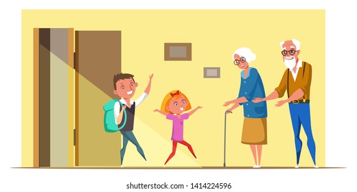 Kinder besuchen Großeltern flache Vektorgrafik. Enkel, Enkelin, Großmutter und Großvater Zeichentrickfiguren. Senioren heißen kleine Kinder willkommen. Fröhliche Kindheit, familiäre Beziehung