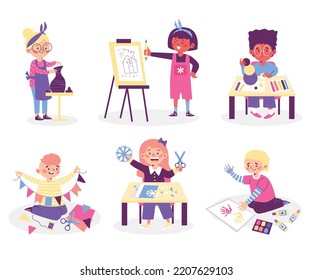 Niños visitando clases creativas y artísticas, ilustración vectorial plana aislada en fondo blanco. Personajes infantiles dedicados a actividades de artesanía extracurricular.