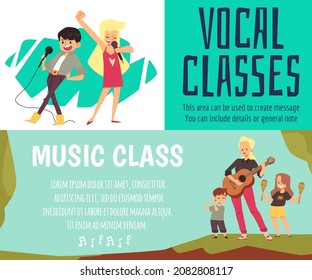 Kids vocal music classes horizontal banners set, flat cartoon vector illustration. Music and singing lessons for children advertising flyers or posters bundle.