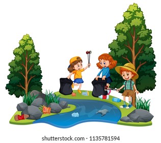 Kids Volunteering Cleaning Up River Illustration