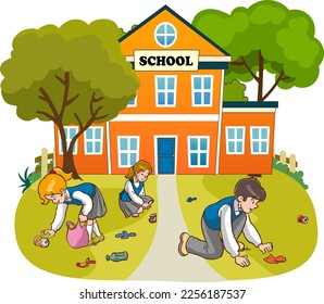 Kids volunteering cleaning up school cartoon vector illustration 