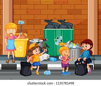 Kids volunteering cleaning up the town illustration