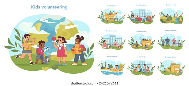 Kids volunteering set. Young volunteers in action, helping community. Food donation, senior support, park cleanup, pet care, playing with orphans. Active youth engagement. Vector illustration