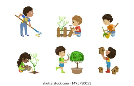 Kids Volunteers Set, Cute Children Working in Garden, Planting Trees, Trimming Bushes Vector Illustration