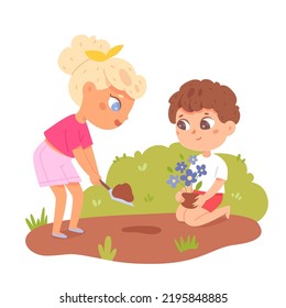 Kids volunteers work in summer or spring village garden, grow plants in park vector illustration. Cartoon girl with shovel digging hole in soil for flower seedling, boy holding sapling in hands