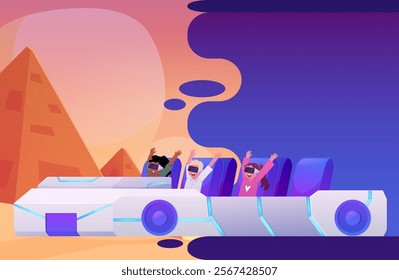 Kids in VR glasses sitting in car playing in Virtual reality videogames attraction on desert pyramids landscape. Driver simulation. Cartoon augmented reality entertainment. Vector flat illustration