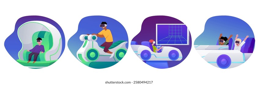 Kids in VR glasses sitting on moving seat or car playing in Virtual reality videogames attraction. Simulation experience. Cartoon augmented reality entertainment. Vector flat set in decorative frame