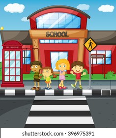 Kids Waiting Cross Road Front School Stock Vector (Royalty Free ...