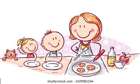 Kids are waiting for pancakes mother is cooking, colorful doodle drawing