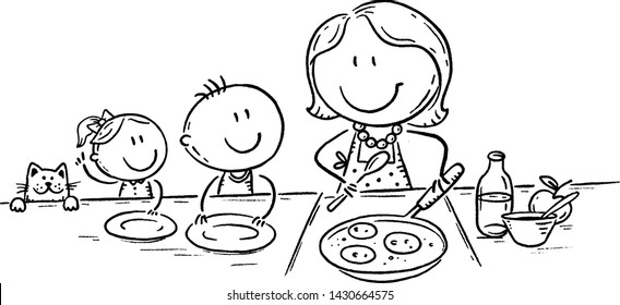 Kids are waiting for pancakes mother is cooking, outline doodle drawing