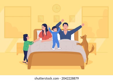 Kids wake up parents flat color vector illustration. Mother and father yawning in bed. Early morning routine. Children play. Family 2D cartoon characters with bedroom on background