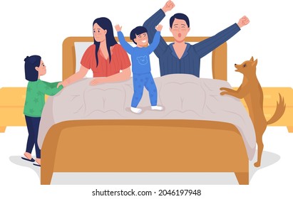 Kids Waking Up Parents Semi Flat Color Vector Characters. Standing Figures. Full Body People On White. Family Members Isolated Modern Cartoon Style Illustration For Graphic Design And Animation