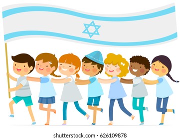 kids walk in a line with a big Israeli flag