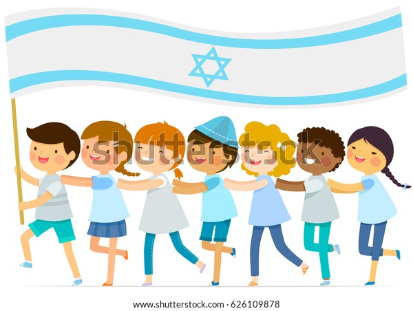 kids walk in a\
line with a big Israeli\
flag