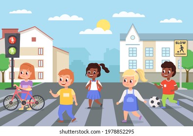 Kids walking crosswalk. Children cross road on zebra crossing. Girls and boys follow pedestrian rules. Safe stepping roadway. Urban landscape with traffic lights. Vector preschoolers