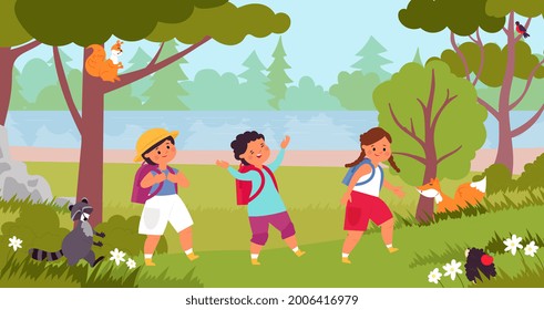 Kids Walking Forest Kid Explore Nature Stock Vector (royalty Free 