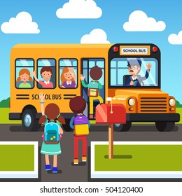 Kids Walking To And Getting On School Bus. Driver Waving Hand To Pupils. Colorful Flat Style Cartoon Vector Illustration.