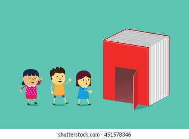 Kids walking into the door of big book. This illustration is a concept about reading and education