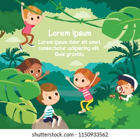 Kids walking in jangle, woods, forest. Children on outdoor adventure, travel, activity, scouting, hiking, recreation, tourism. Explore nature.