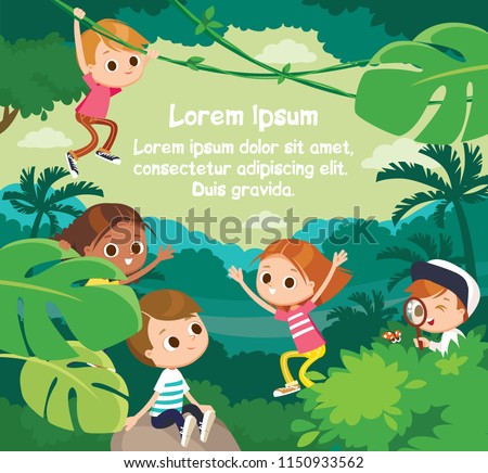 Kids walking in jangle, woods, forest. Children on outdoor adventure, travel, activity, scouting, hiking, recreation, tourism. Explore nature.