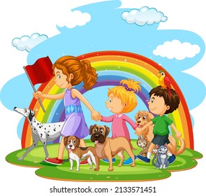 Kids walking with many dogs illustration