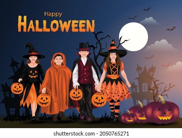 Kids walking on Halloween trick or treat. Halloween costumes with candy bags. Child costume. vector illustration design