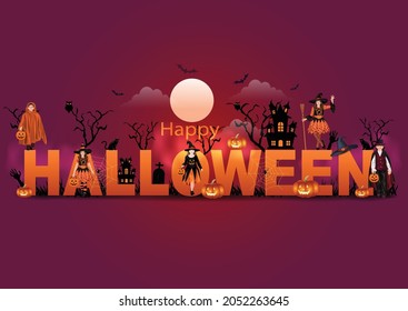Kids walking on Halloween trick or treat. Halloween costumes with candy bags. Child costume. vector illustration design