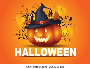 Kids walking on Halloween trick or treat. Halloween costumes with candy bags. Child costume. vector illustration design