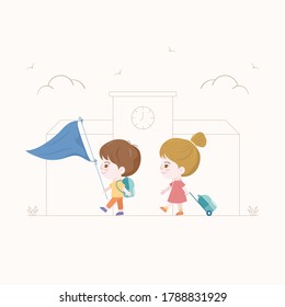 Kids walking to school. Back to school concepts. Boy and girl character design.