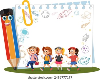 Kids walking with space-themed background