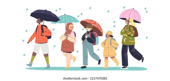 Kids walking under rain hold umbrella and wear raincoat clothes. Joyful children go to school in rainy autumn weather protected from cold and water. Cartoon flat vector illustration