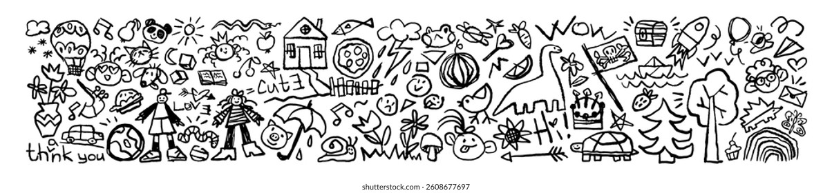 Kids wall art with pencil doodles. Funny child scribbles on kindergarten background. Drawing icons with childish patterns: house, smile, tree, animal. Hand drawn isolated vector illustrations on white