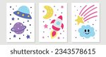 Kids wall art vector collection. Cute hand drawn design with cloud, star, rocket, spacecraft. Wallpaper background design for kid room decoration, Nursery wall art, Baby and toy card and cover.