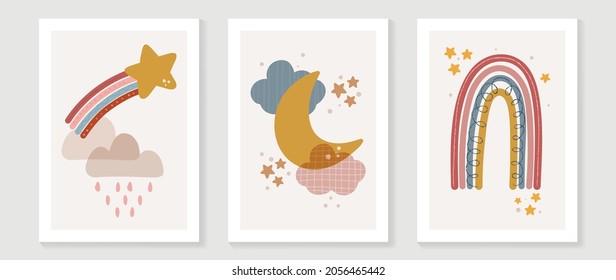 Kids wall art vector collection. Cute hand drawn design with cloud , rainbow, moon and star.  Wallpaper background design for kids room decoration, Nursery wall art, Baby and toy cards and cover.