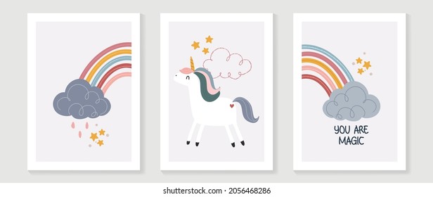 Kids Wall Art Vector Collection. Cute Hand Drawn Design With Cloud , Rainbow, Unicorn And Star. Wallpaper Background Design For Kids Room Decoration, Nursery Wall Art, Baby And Toy Cards And Cover.