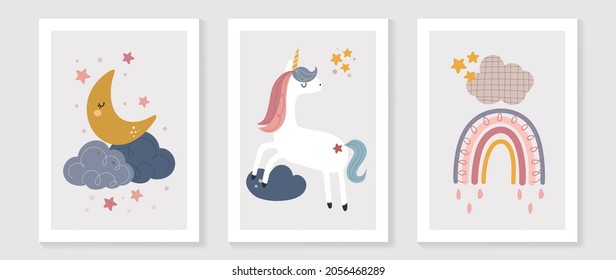 Kids wall art vector collection. Cute hand drawn design with cloud , rainbow, unicorn and star. Wallpaper background design for kids room decoration, Nursery wall art, Baby and toy cards and cover.