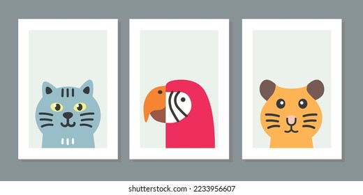 Kids wall art vector collection. Cute hand drawn design with baby animal. Wallpaper background design for child room adorable decoration. Nursery toy cards and cover. Cat, parrot and tiger vector.