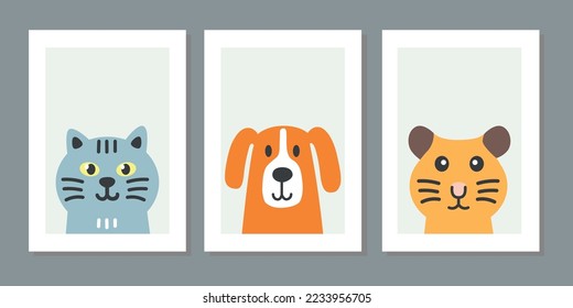 Kids wall art vector collection. Cute hand drawn design with baby animal. Wallpaper background design for child room adorable decoration. Nursery toy cards and cover. Cat, dog and tiger vector.