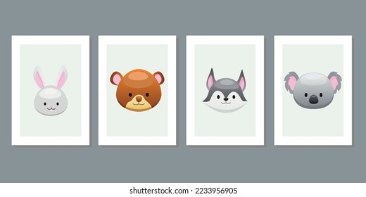 Kids wall art vector collection. Cute hand drawn design with baby animal. Wallpaper background design for child room decoration. Nursery toy cards and cover. Rabbit, koala, dog, fox and bear vector.