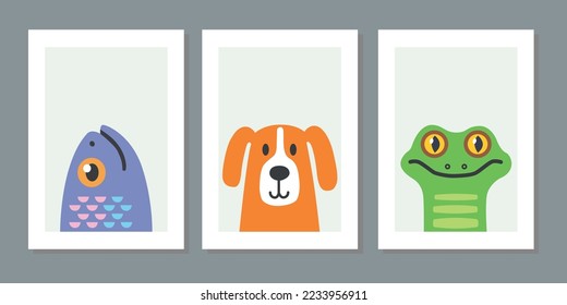 Kids wall art vector collection. Cute hand drawn design with baby animal. Wallpaper background design for child room adorable decoration. Nursery toy cards and cover. Snake, dog and fish vector.