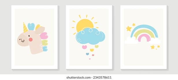 Kids wall art vector collection. Cute hand drawn design with unicorn, cloud, sun, heart, rainbow. Wallpaper background design for kid room decoration, Nursery wall art, Baby and toy card and cover.