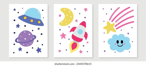 Kids wall art vector collection. Cute hand drawn design with cloud, star, rocket, spacecraft. Wallpaper background design for kid room decoration, Nursery wall art, Baby and toy card and cover.