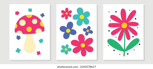 Kids wall art vector collection. Cute hand drawn design with mushroom, flower, leaves. Wallpaper background design for kid room decoration, Nursery wall art, Baby and toy card and cover.
