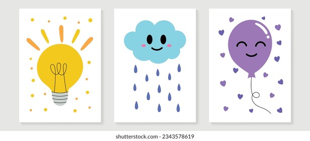Kids wall art vector collection. Cute hand drawn design with lamp, cloud. rain, balloon, heart. Wallpaper background design for kid room decoration, Nursery wall art, Baby and toy card and cover.