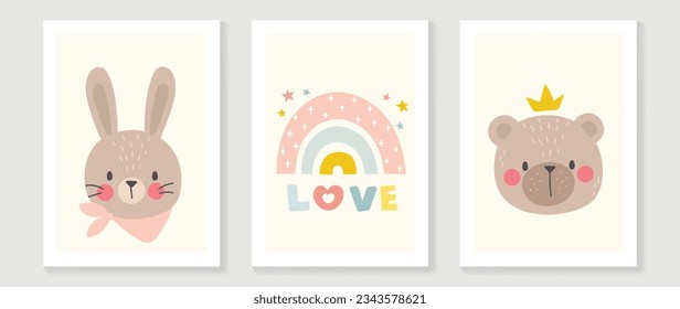 Kids wall art vector collection. Cute hand drawn design with rabbit, rainbow, bear, star, crown. Wallpaper background design for kid room decoration, Nursery wall art, Baby and toy card and cover.